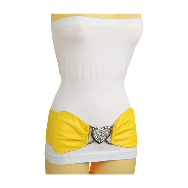Brand New Women Yellow Faux Leather Elastic Fashion Belt Heart Buckle S M