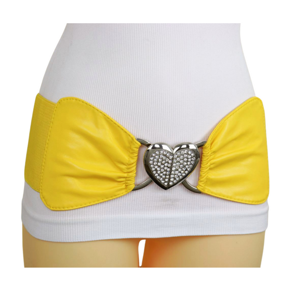 Brand New Women Yellow Faux Leather Elastic Fashion Belt Heart Buckle S M