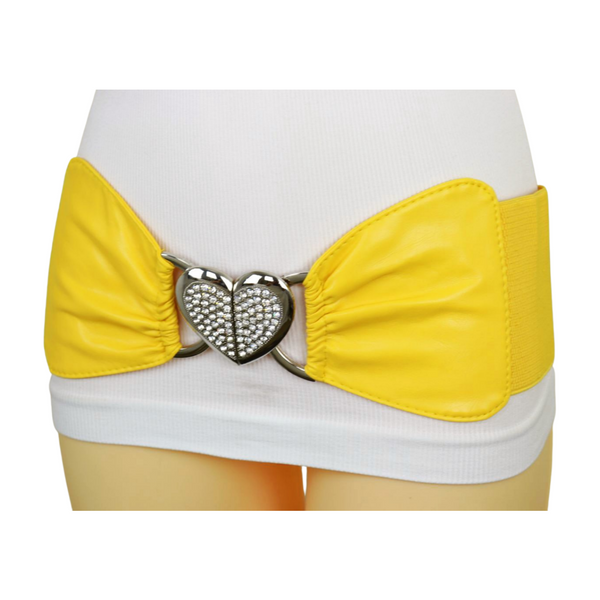 Brand New Women Yellow Faux Leather Elastic Fashion Belt Heart Buckle S M