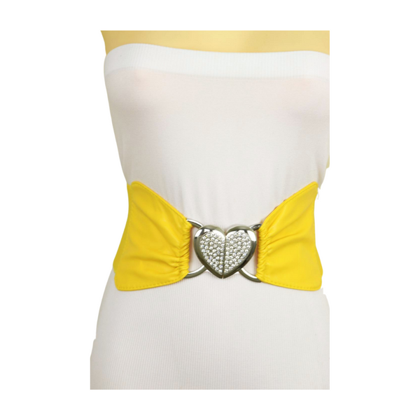 Brand New Women Yellow Faux Leather Elastic Fashion Belt Heart Buckle S M