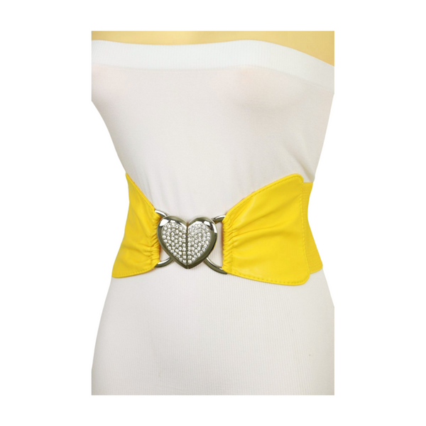 Brand New Women Yellow Faux Leather Elastic Fashion Belt Heart Buckle S M
