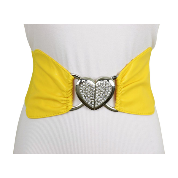 Brand New Women Yellow Faux Leather Elastic Fashion Belt Heart Buckle S M