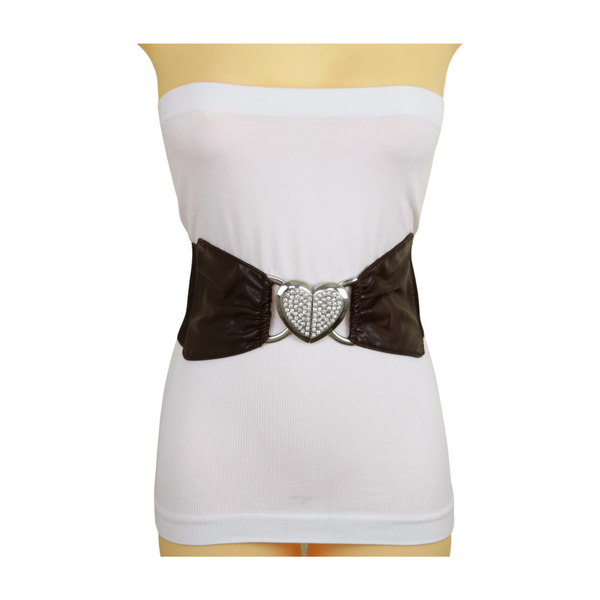 Brand New Women Dark Brown Fashion Elastic Band Belt Love Heart Metal Buckle Fit Size S M