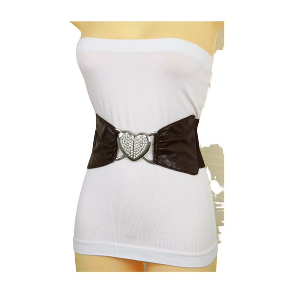 Brand New Women Dark Brown Fashion Elastic Band Belt Love Heart Metal Buckle Fit Size S M