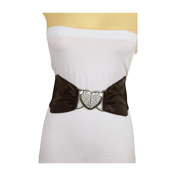Brand New Women Dark Brown Fashion Elastic Band Belt Love Heart Metal Buckle Fit Size S M