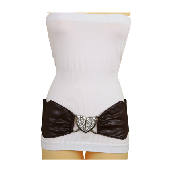 Brand New Women Dark Brown Fashion Elastic Band Belt Love Heart Metal Buckle Fit Size S M