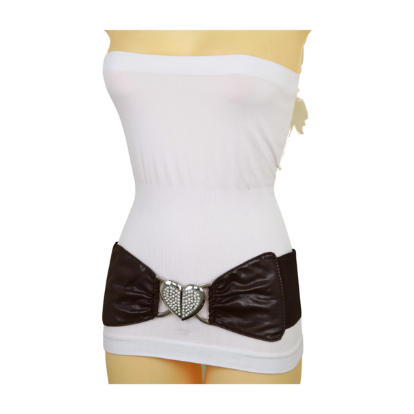 Brand New Women Dark Brown Fashion Elastic Band Belt Love Heart Metal Buckle Fit Size S M