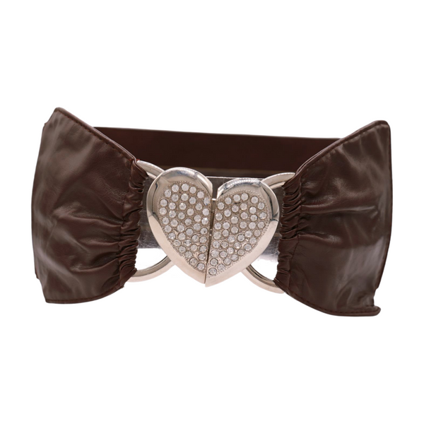 Brand New Women Dark Brown Fashion Elastic Band Belt Love Heart Metal Buckle Fit Size S M