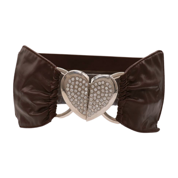 Brand New Women Dark Brown Fashion Elastic Band Belt Love Heart Metal Buckle Fit Size S M