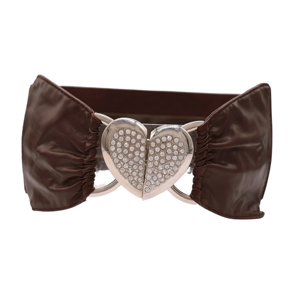 Brand New Women Dark Brown Fashion Elastic Band Belt Love Heart Metal Buckle Fit Size S M