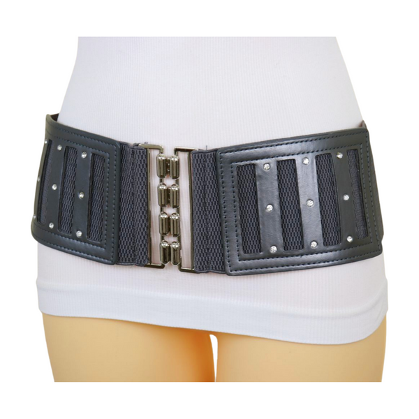 Brand New Women CHARCOAL Dark Grey Elastic Fashion Belt Silver Buckle  S M