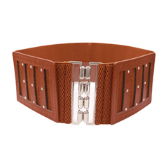 Brown Elastic Band Wide Belt Silver Metal Buckle Fit Size S M