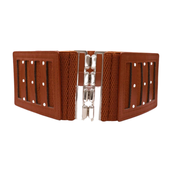Brand New Women Brown Elastic Band Wide Belt Silver Metal Buckle Fit Size  S M