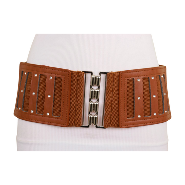 Brand New Women Brown Elastic Band Wide Belt Silver Metal Buckle Fit Size  S M
