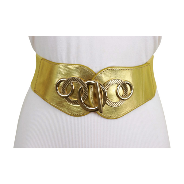 Brand New Women Gold Faux Leather Elastic Belt Circle Hook Buckle S M