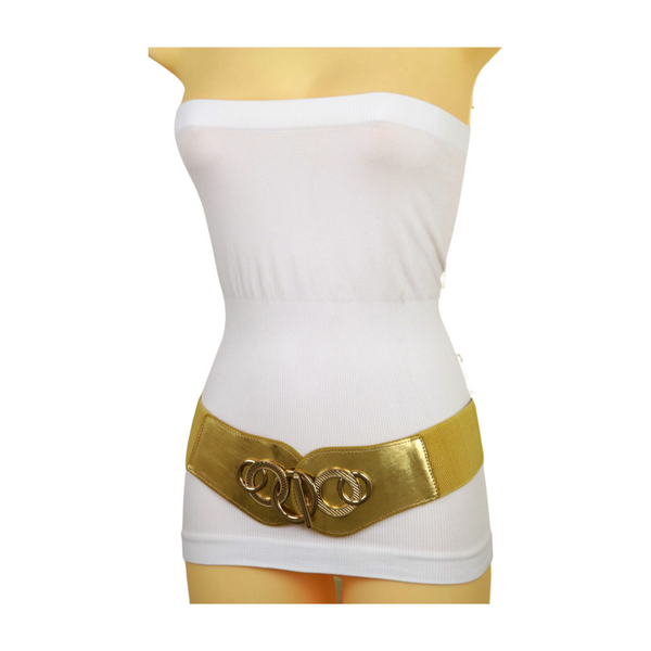 Brand New Women Gold Faux Leather Elastic Belt Circle Hook Buckle S M