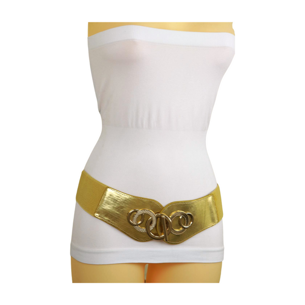 Brand New Women Gold Faux Leather Elastic Belt Circle Hook Buckle S M