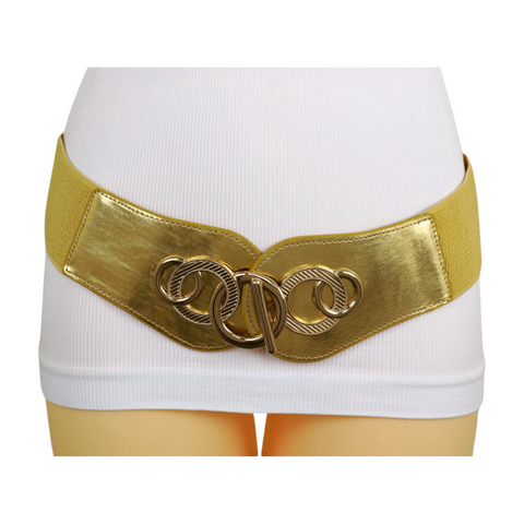 Brand New Women Gold Faux Leather Elastic Belt Circle Hook Buckle S M