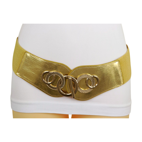 Brand New Women Gold Faux Leather Elastic Belt Circle Hook Buckle S M