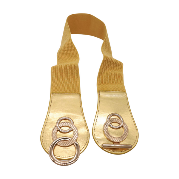 Brand New Women Gold Faux Leather Elastic Belt Circle Hook Buckle S M