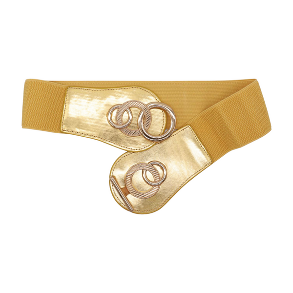 Brand New Women Gold Faux Leather Elastic Belt Circle Hook Buckle S M