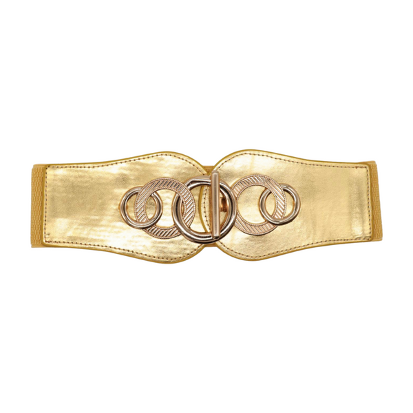 Brand New Women Gold Faux Leather Elastic Belt Circle Hook Buckle S M