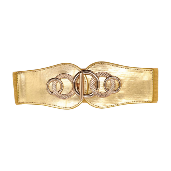 Brand New Women Gold Faux Leather Elastic Belt Circle Hook Buckle S M