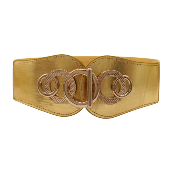 Brand New Women Gold Faux Leather Elastic Belt Circle Hook Buckle S M