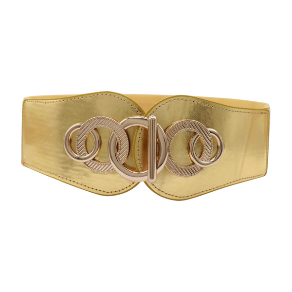Brand New Women Gold Faux Leather Elastic Belt Circle Hook Buckle S M