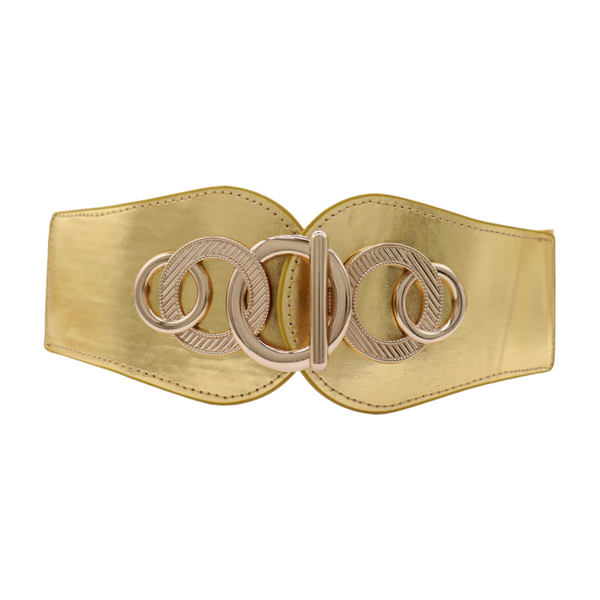 Brand New Women Gold Faux Leather Elastic Belt Circle Hook Buckle S M