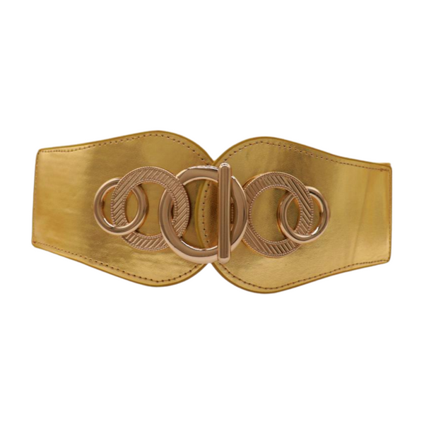 Brand New Women Gold Faux Leather Elastic Belt Circle Hook Buckle S M