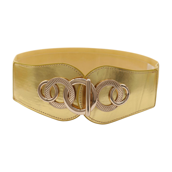 Brand New Women Gold Faux Leather Elastic Belt Circle Hook Buckle S M