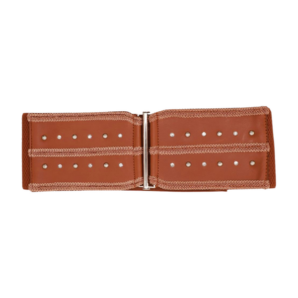 Brand New Women Brown Elastic Faux Leather Belt Silver Metal Studs Buckle S M