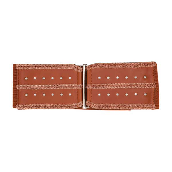 Brand New Women Brown Elastic Faux Leather Belt Silver Metal Studs Buckle S M