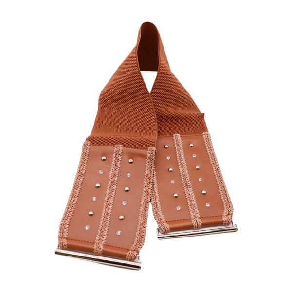 Brand New Women Brown Elastic Faux Leather Belt Silver Metal Studs Buckle S M
