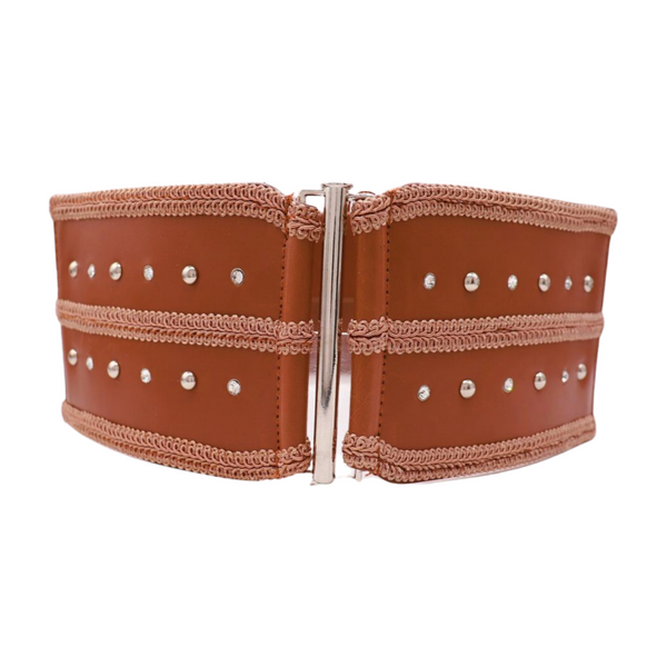 Brand New Women Brown Elastic Faux Leather Belt Silver Metal Studs Buckle S M