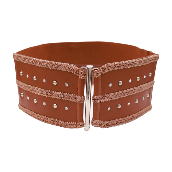 Brand New Women Brown Elastic Faux Leather Belt Silver Metal Studs Buckle S M