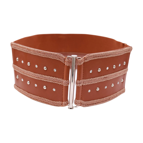 Brand New Women Brown Elastic Faux Leather Belt Silver Metal Studs Buckle S M