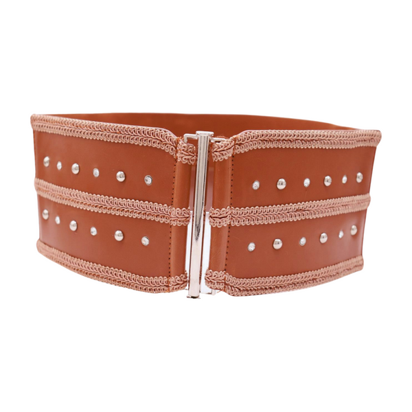 Brand New Women Brown Elastic Faux Leather Belt Silver Metal Studs Buckle S M