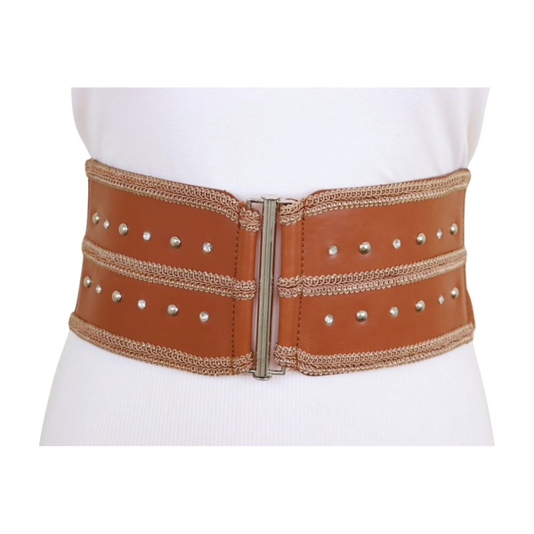 Brand New Women Brown Elastic Faux Leather Belt Silver Metal Studs Buckle S M