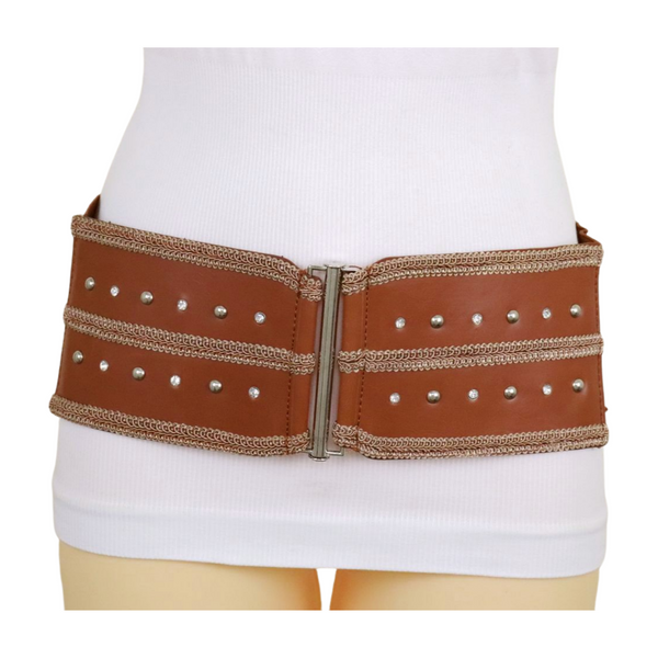 Brand New Women Brown Elastic Faux Leather Belt Silver Metal Studs Buckle S M