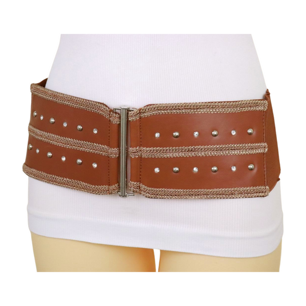 Brand New Women Brown Elastic Faux Leather Belt Silver Metal Studs Buckle S M
