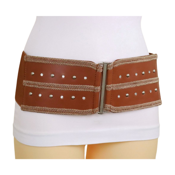 Brand New Women Brown Elastic Faux Leather Belt Silver Metal Studs Buckle S M