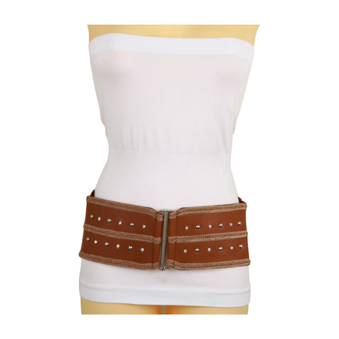 Brand New Women Brown Elastic Faux Leather Belt Silver Metal Studs Buckle S M