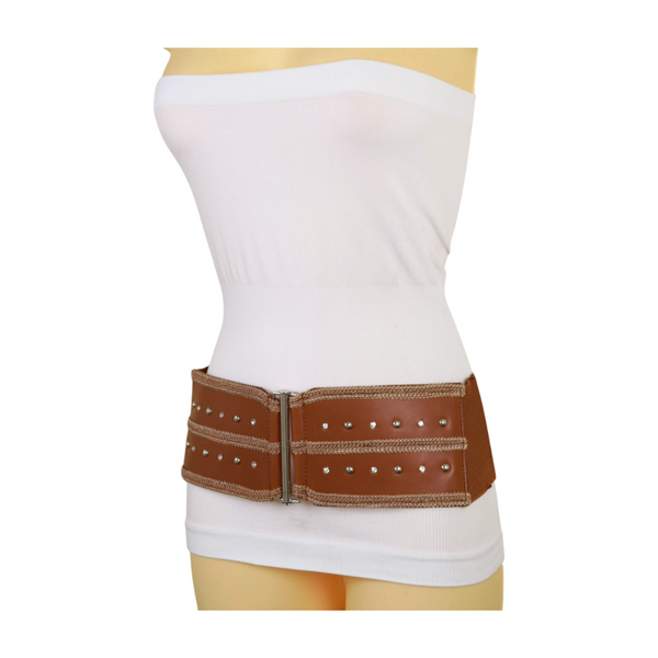 Brand New Women Brown Elastic Faux Leather Belt Silver Metal Studs Buckle S M