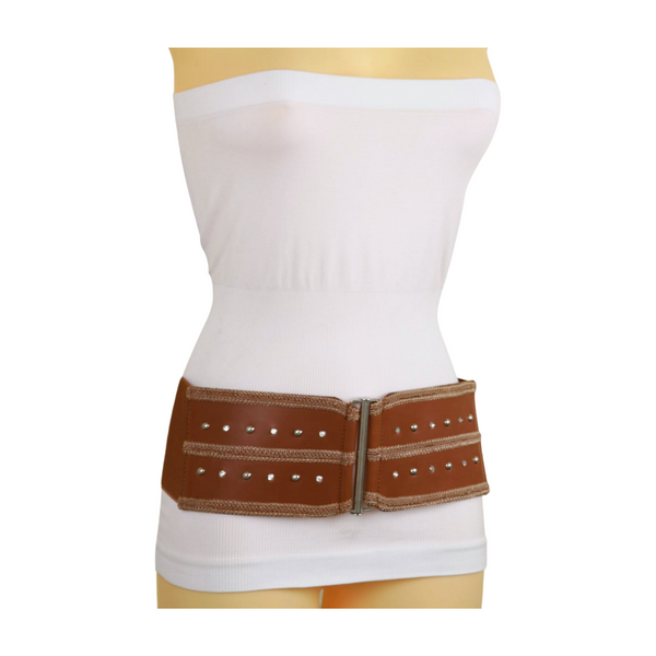 Brand New Women Brown Elastic Faux Leather Belt Silver Metal Studs Buckle S M