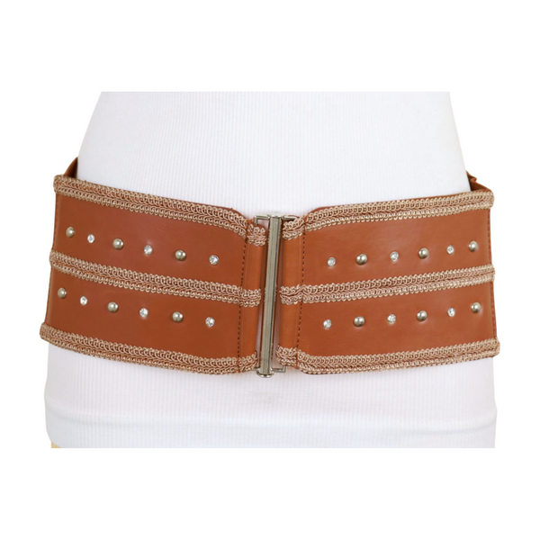 Brand New Women Brown Elastic Faux Leather Belt Silver Metal Studs Buckle S M