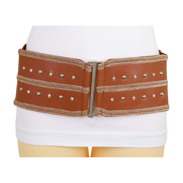 Brand New Women Brown Elastic Faux Leather Belt Silver Metal Studs Buckle S M