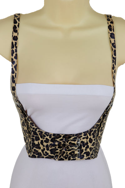 Brand New Women Brown Stretch Leopard High Waist Corset Shoulder Strap Fashion Belt Size M