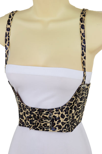 Brand New Women Brown Stretch Leopard High Waist Corset Shoulder Strap Fashion Belt Size M